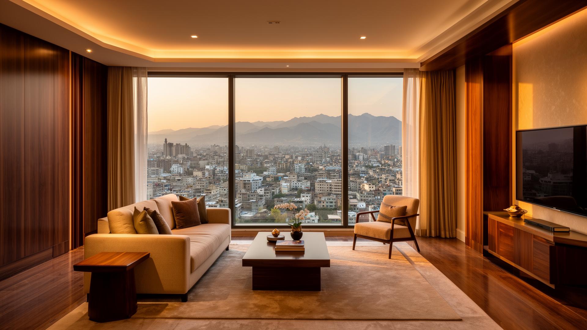 Luxury serviced apartment interior at Elysium Tower Islamabad with city and mountain views